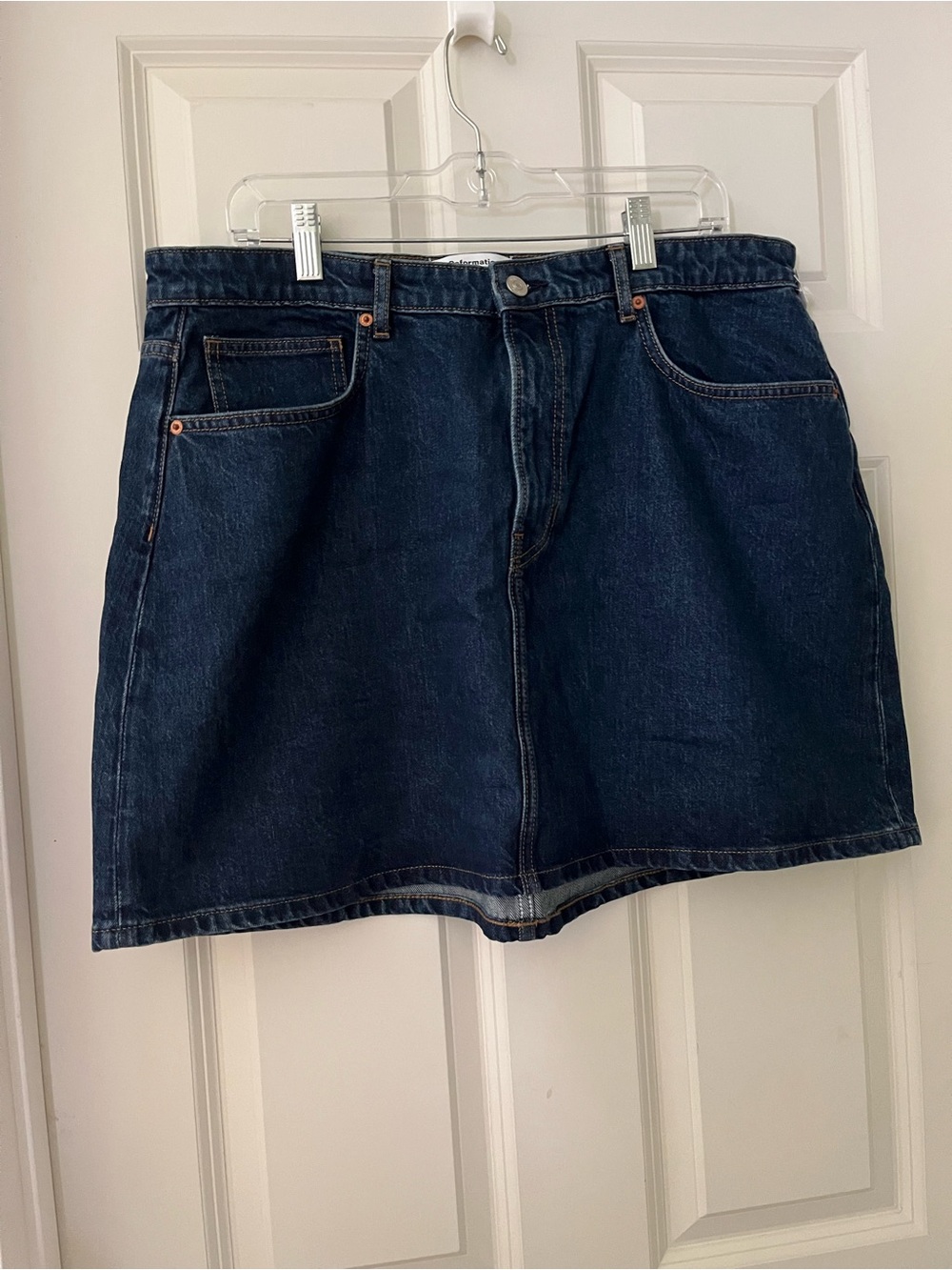 Reformation Lydia High Waist Denim Miniskirt Huron contrast stitching stretch 32